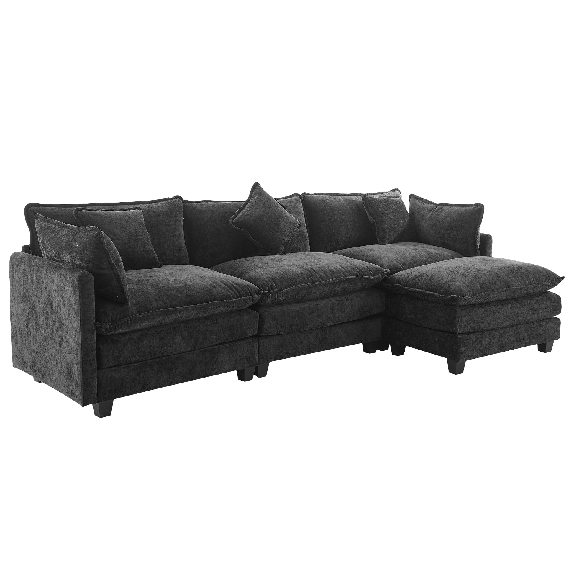 112.2" L Shape Chenille Upholstered Sofa For Living Room Modern Luxury Sofa Couch With Ottoman And 5 Pillows For Living Room Sg001160Aa , Black Black Foam 4 Seat