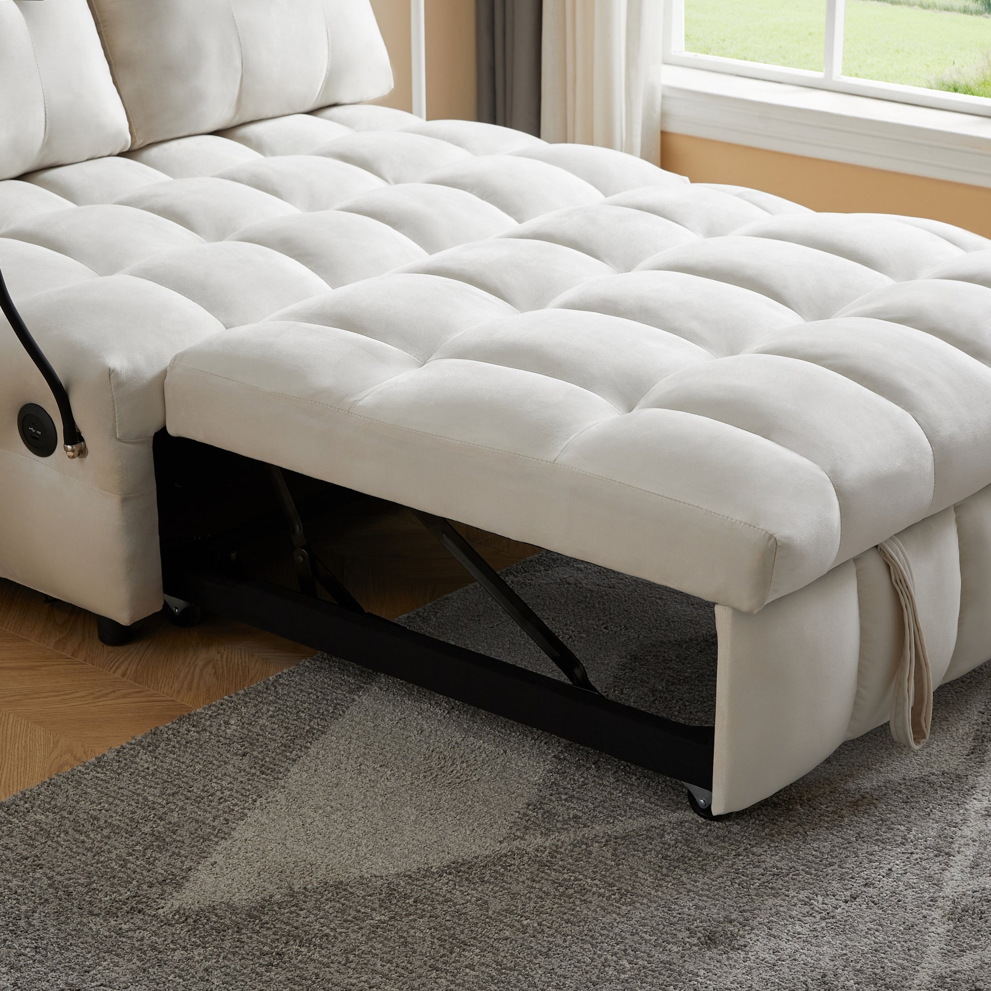 Modern Sofa Velvet Pull Out Bed,Independently Removable Backrest, Have Usb Port And Swivel Phone Stand ,Beige Beige Wood Velvet 2 Seat