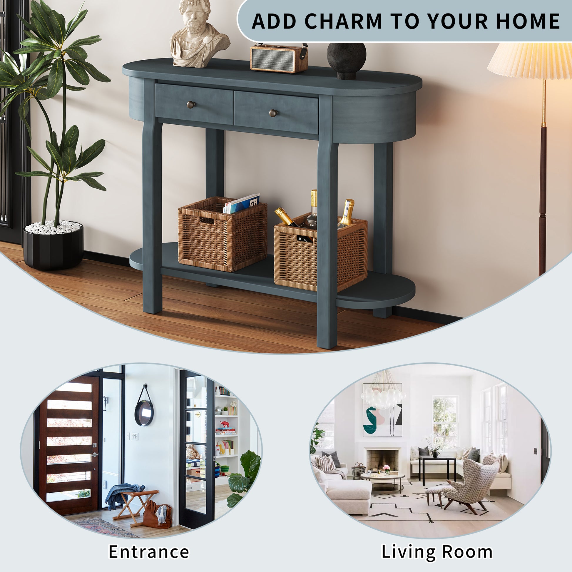 Elegant Retro Console Table With Curved Design And Smooth Glaze For Entryways, Living Rooms And Hallways Navy Navy Solid Wood Mdf