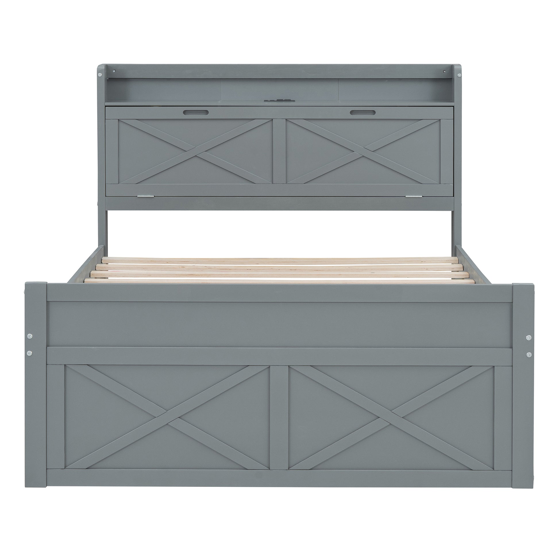 Full Size Wooden Bed With Storage Headboard With Outlets, Extendable Bed With Twin Size Trundle With Three Storage Drawers,Gray Expected Arrival Time:8.23 Full Gray Wood