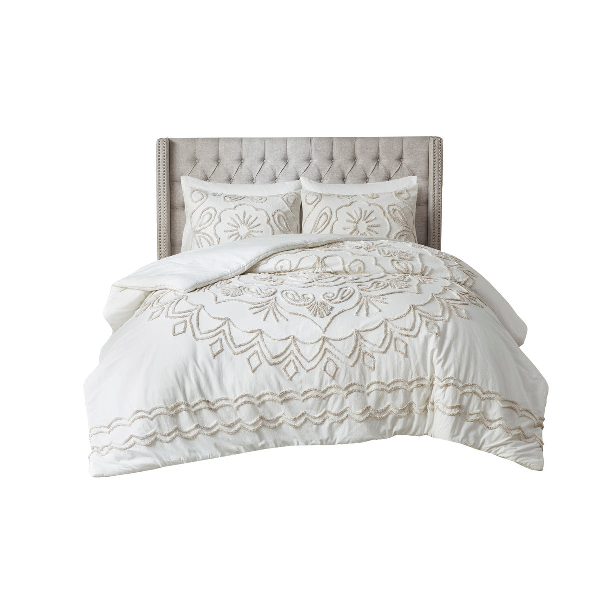 3 Piece Tufted Cotton Chenille Comforter Set Ivory Taupe Full Queen Full Ivory Taupe Polyester