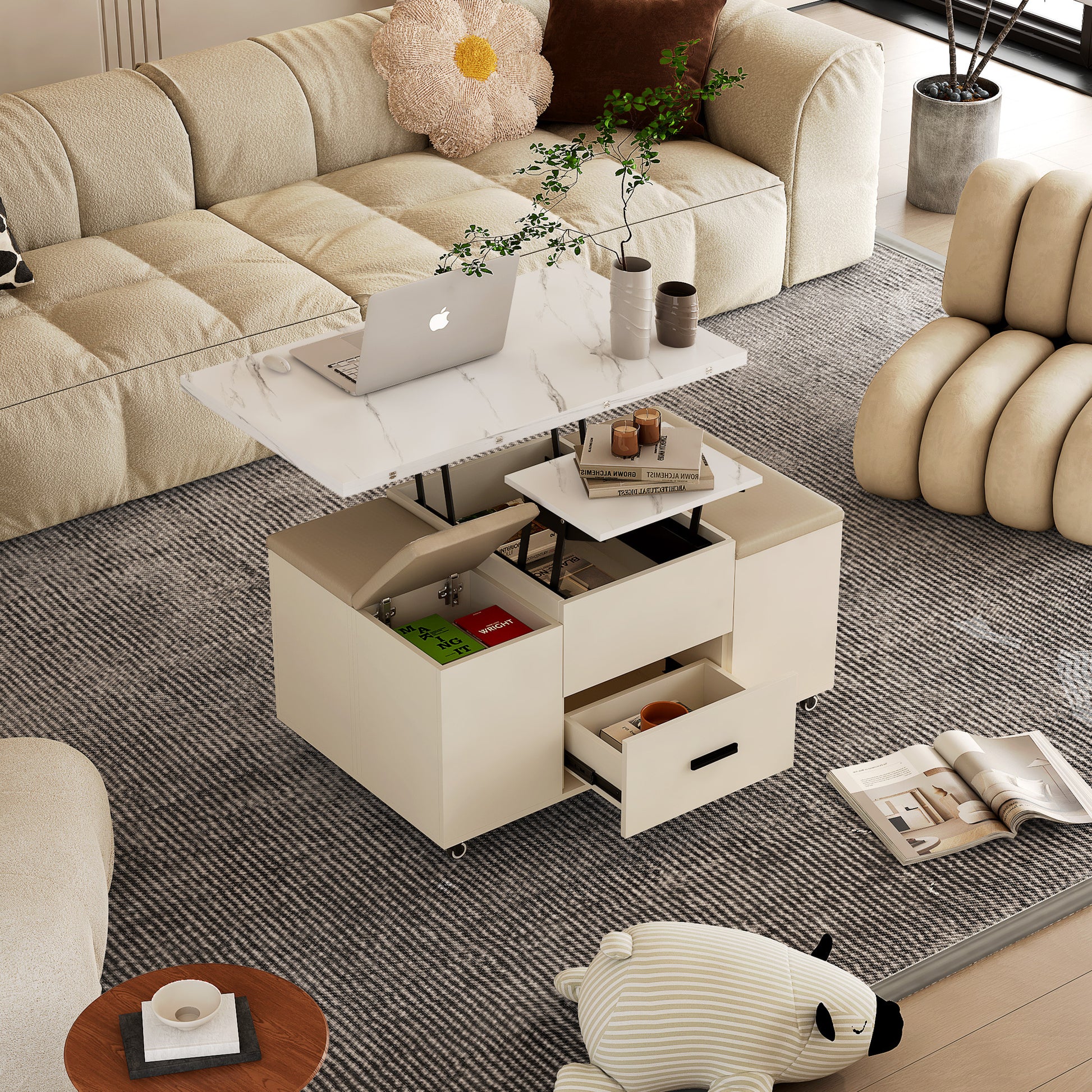 Modern Lift Up Coffee Table With 4 Stools Set For Living Room Expandable 1 Hidden Storage 2 Drawers Space Saving Folding Dining Table White Mdf