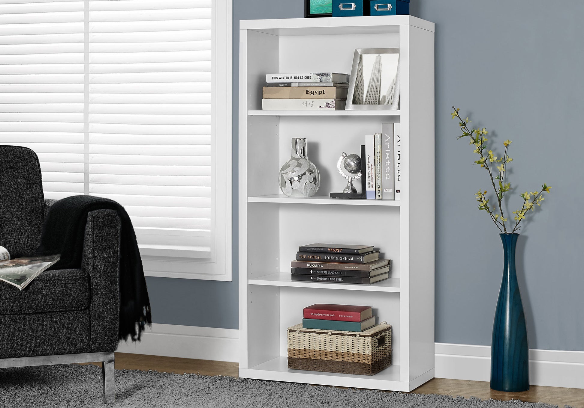 Bookshelf, Bookcase, Etagere, 5 Tier, 48"H, Office, Bedroom, White Laminate, Contemporary, Modern White Particle Board