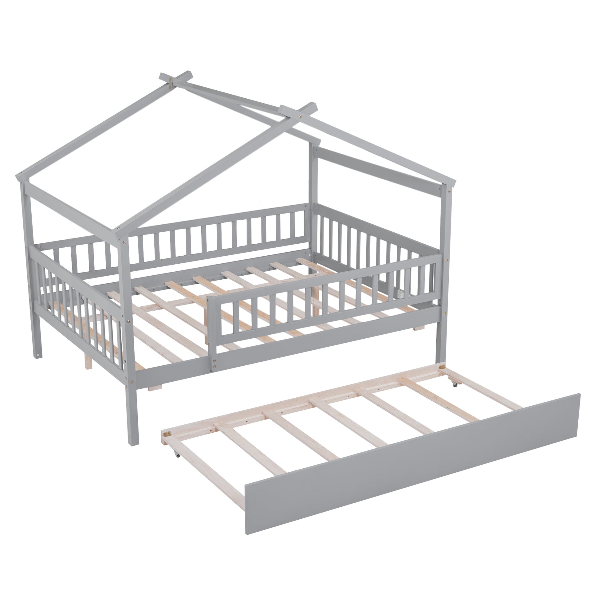 Full Size Wooden House Bed With Twin Size Trundle, Gray Full Gray Solid Wood Mdf