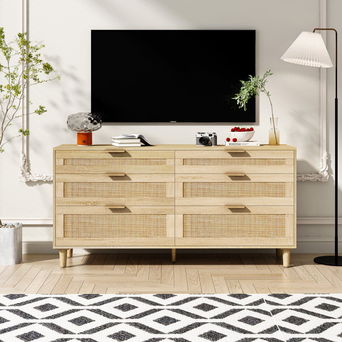 59" Rattan Dresser With Drawers, 6 Drawer Dresser For Bedroom, Clothes Storage Cabinet For Bedroom, Metal Handle&Wood Legs For Hallway, Living Room, Bedroom,Natural Natural Mdf Metal