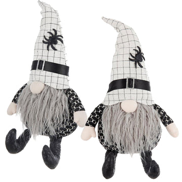 Set Of 2, 10.2X5.5X23.5" Fabric Sitting Gnome With White Hat Spider, For Halloween Decor Black White Polyester