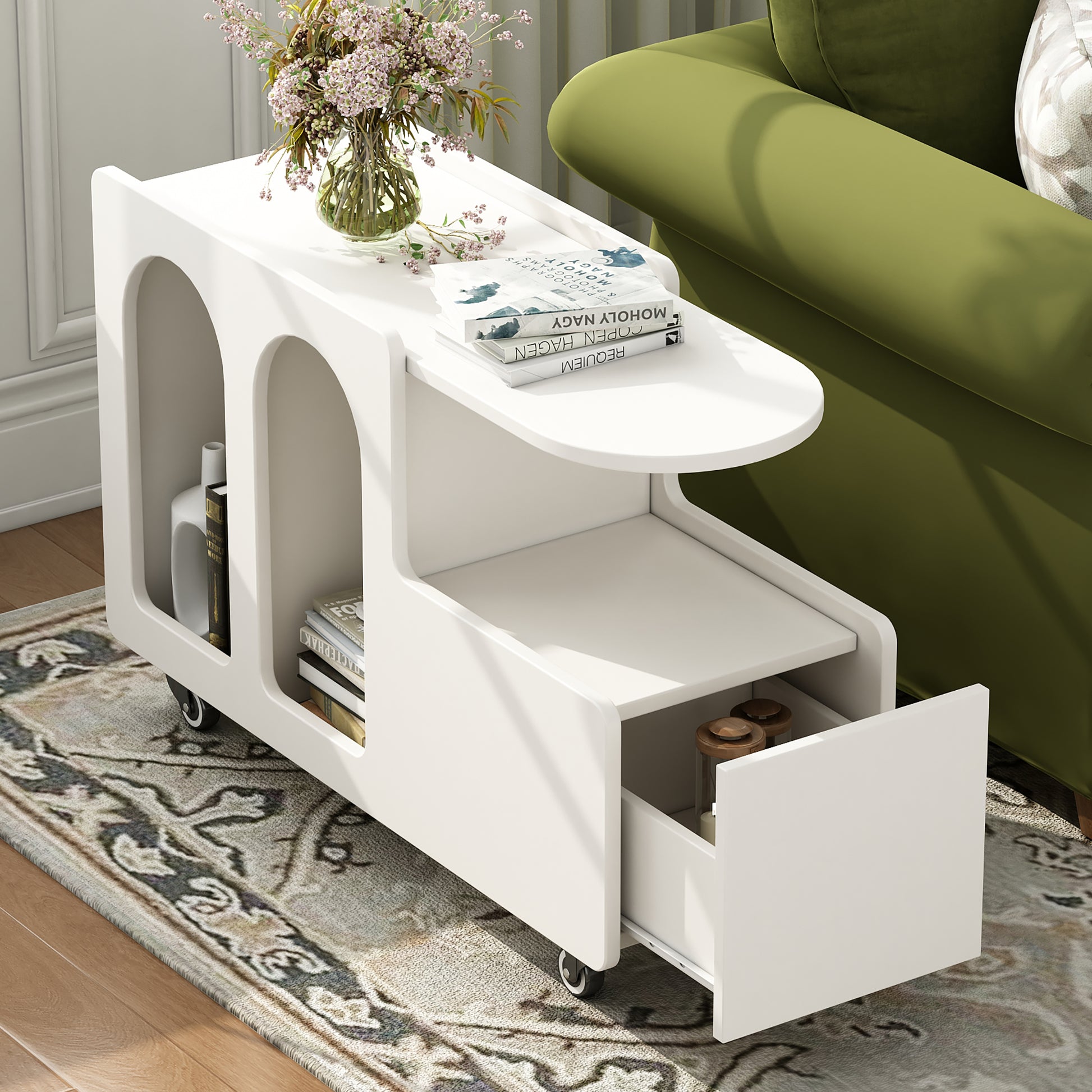 Mobile End Table With Lockable Wheels, Cream Style Side Table With Storage Drawer, 11.8Inch Narrow Nightstand With Multi Layer Storage, Living Room, White White Primary Living Space Mdf