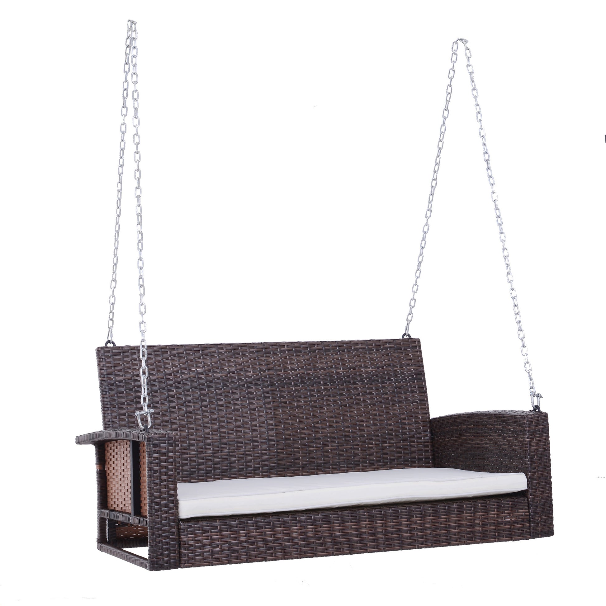 Outsunny 2 Person Wicker Hanging Swing Bench, Front Porch Swing Outdoor Chair With Cushions 550 Lbs. Weight Capacity For Backyard, Garden, Cream White Brown Rattan Metal