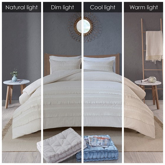 3 Piece Cotton Seersucker Duvet Cover Set King Ivory Cotton