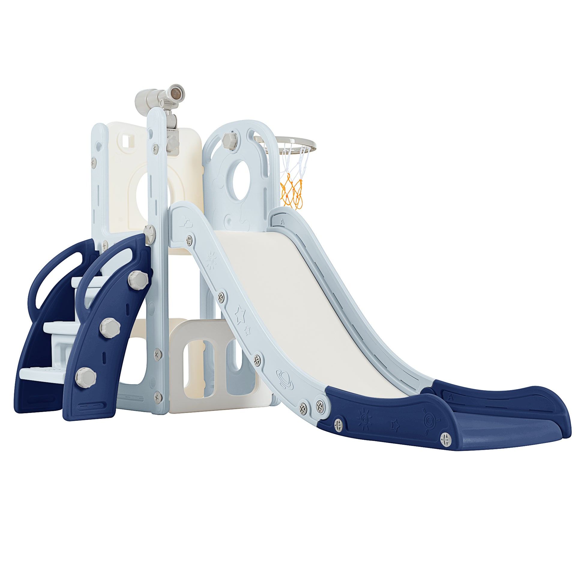 5 1 Toddler Slide Set, Freestanding Space Set With Slide, Kids Slide Playset Structure, Telescope And Basketball Hoop, Toy Storage Space, Kids Climbers Playground Blue 50 99 Lbs Cute 1 To 2 Years Hdpe Indoor & Outdoor Use