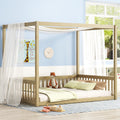 Full Size Canopy Frame Floor Bed With Fence, Guardrails,Natural Full Natural American Design Pine