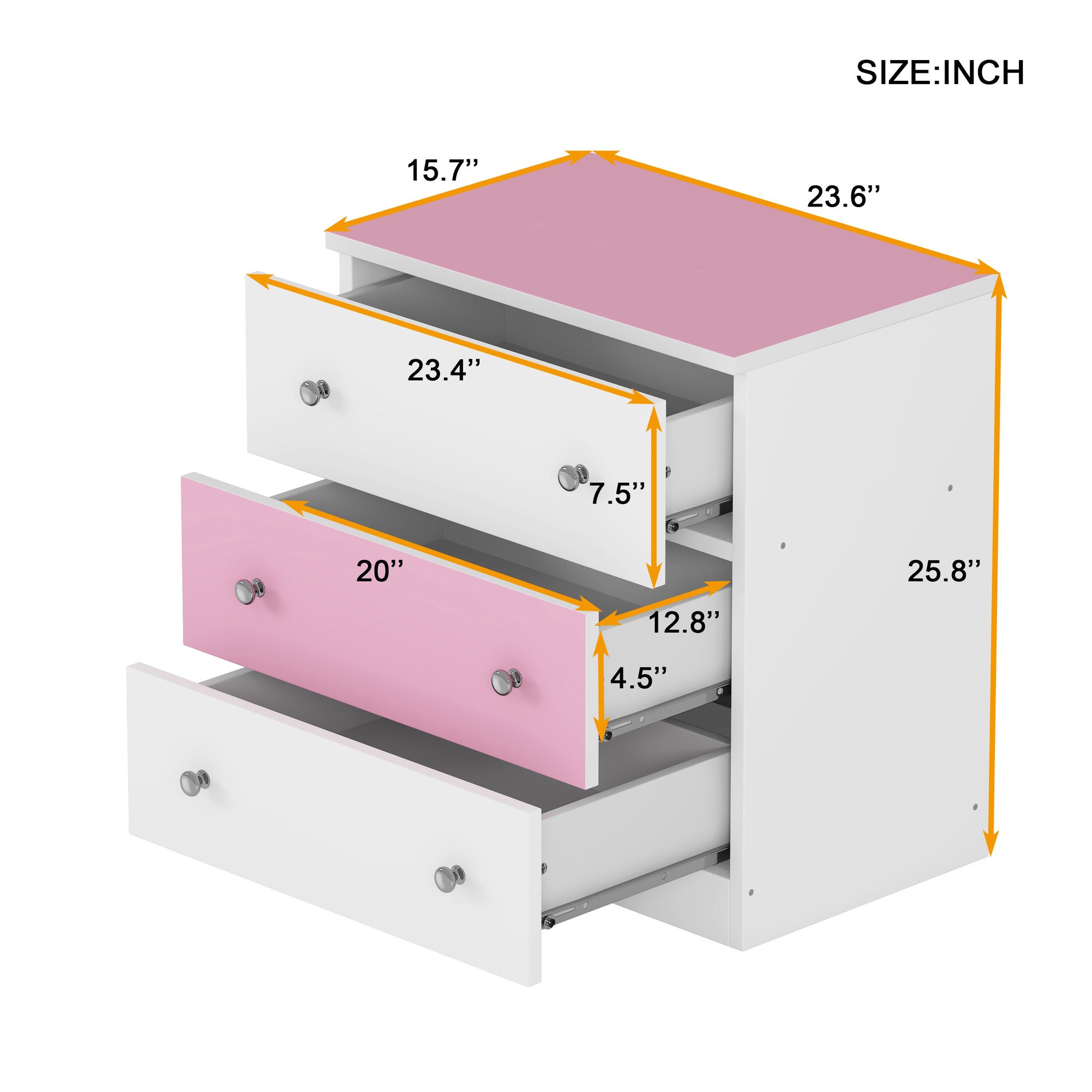 3 Drawer Wooden Nightstand With Colorblock Design And Plastic Handle, Wood Side Table With Storage Cabinet For Bedroom, White Pink White Pink Wood