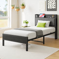 Twin Size Bed Frame, Storage Headboard With Charging Station, Solid And Stable, Noise Free, No Box Spring Needed, Easy Assembly Box Spring Not Required Twin Black Iron Bedroom Bed Frame Metal & Wood