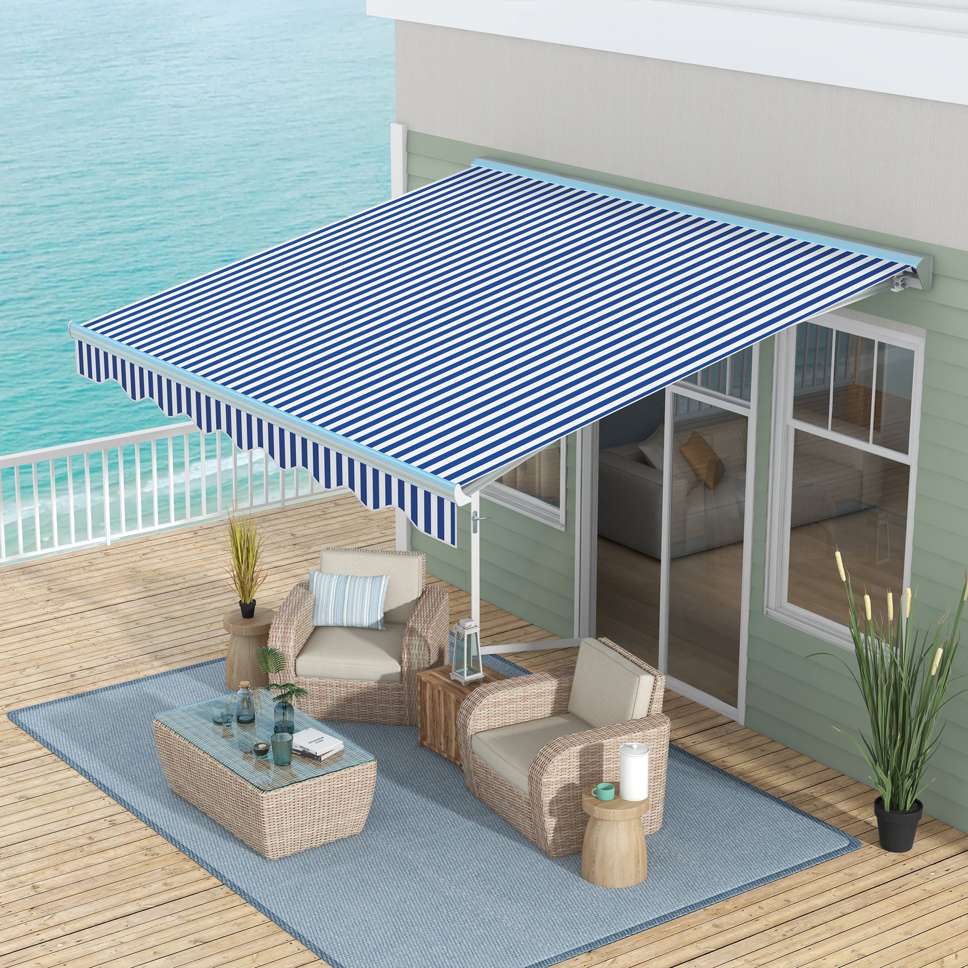 Outsunny 13' X 10' Electric Awning With Led Lights, Retractable Awning, Uv40 Sun Shade Shelter With Remote Controller And Crank Handle For Deck, Balcony, Yard, Blue And White Blue Aluminum