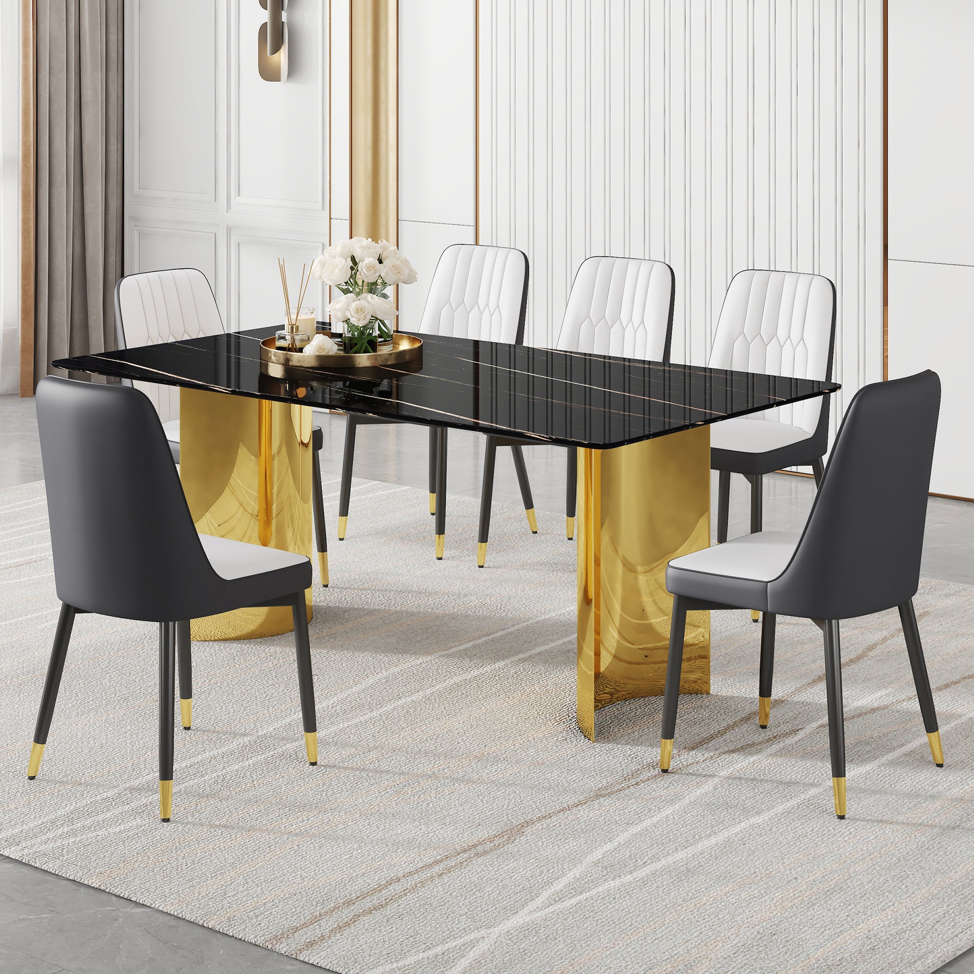 Table And Chair Set.The Table Has A Glass Top With Imitation Marble Pattern Stickers And Stainless Steel Golden Legs. Paried With Chairs With Pu Artificial Leather Backrest Cushions And Black Legs. Black Gold Seats 6 Glass Metal