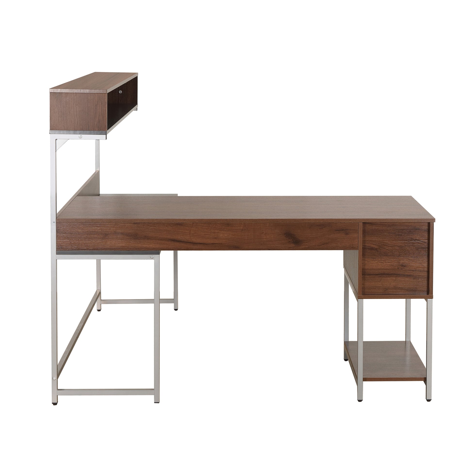 Techni Mobili L Shape Desk With Hutch And Storage, Walnut Walnut Computer Desk Office Modern L Shape Engineered Wood