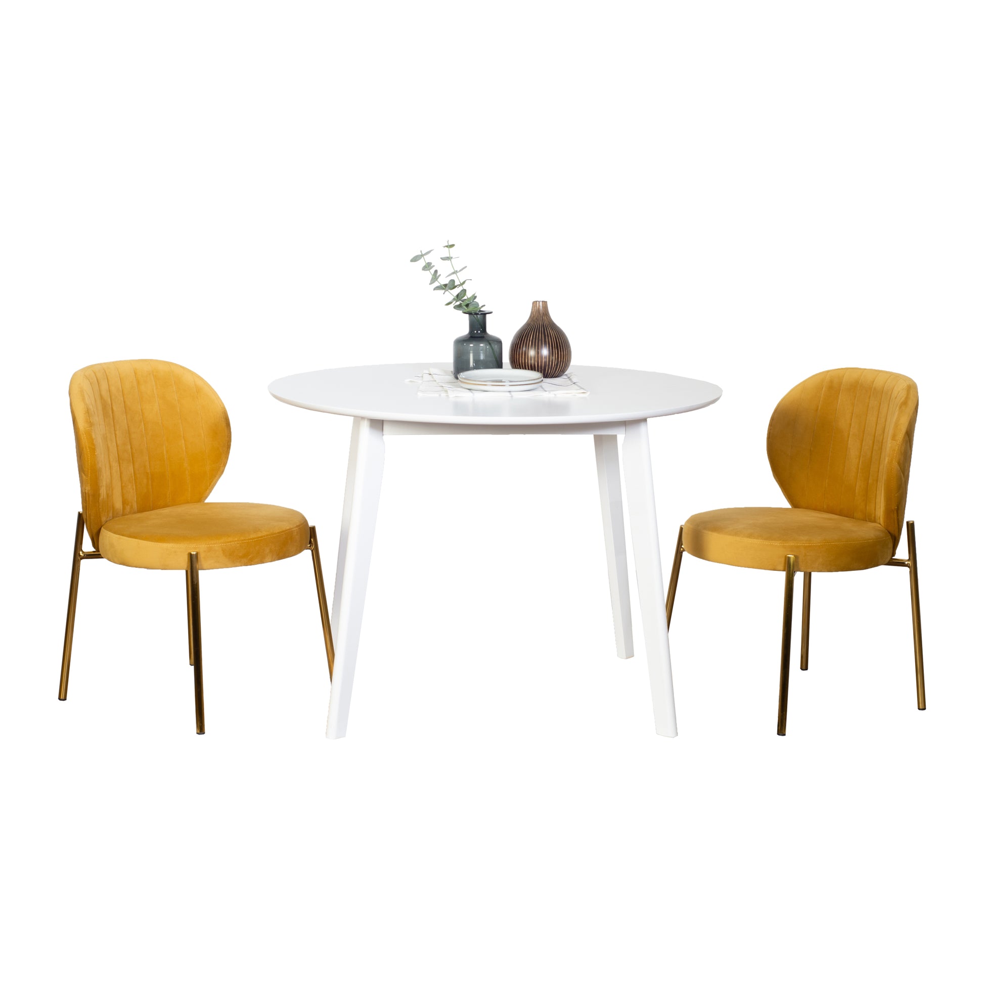 Amoa Contemporary 3 Piece Dining Set, White Round Dining Table With 2 Chairs Wood White Seats 2 White Wood Dining Room Fixed Table Rubberwood Round 4 Leg Round Dining Table With Chair Mdf