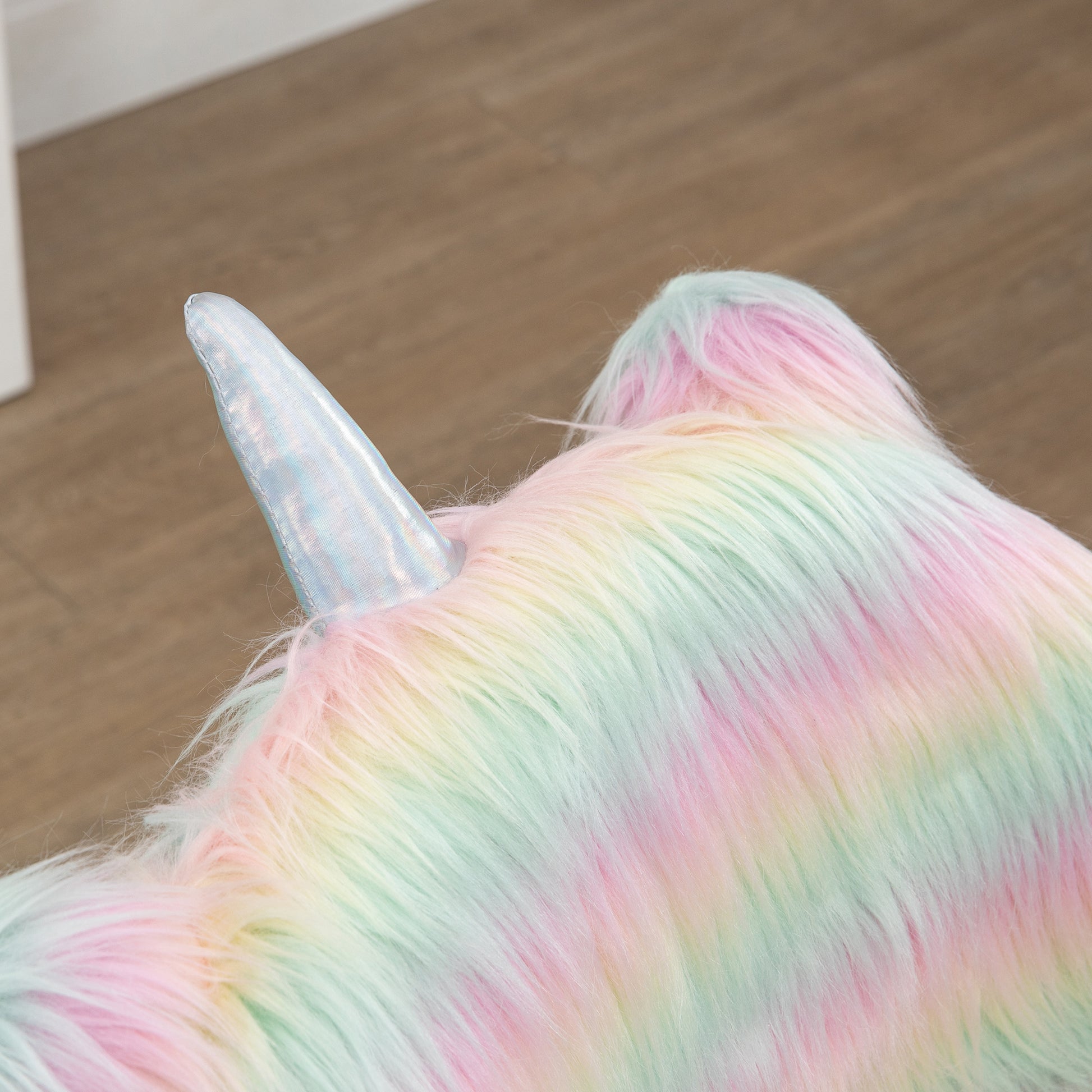 Homcom Fluffy Unicorn Office Chair With Mid Back And Armrest Support, 5 Star Swivel Wheel White Base, Rainbow Multicolor Faux Fur