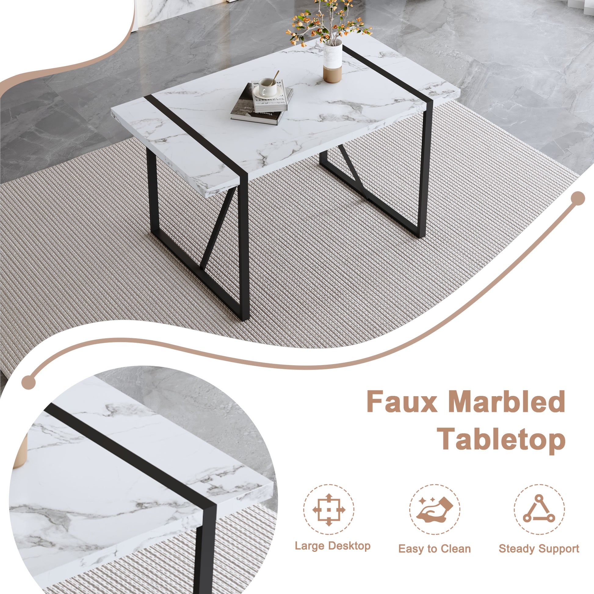 Industrial Rectangular Mdf White Pattern Dining Table For 4 6 People With 1.5 Inch Thick Mdf Top And Black Metal Legs For Desks, Kitchens, Patios, Dining Rooms White Mdf