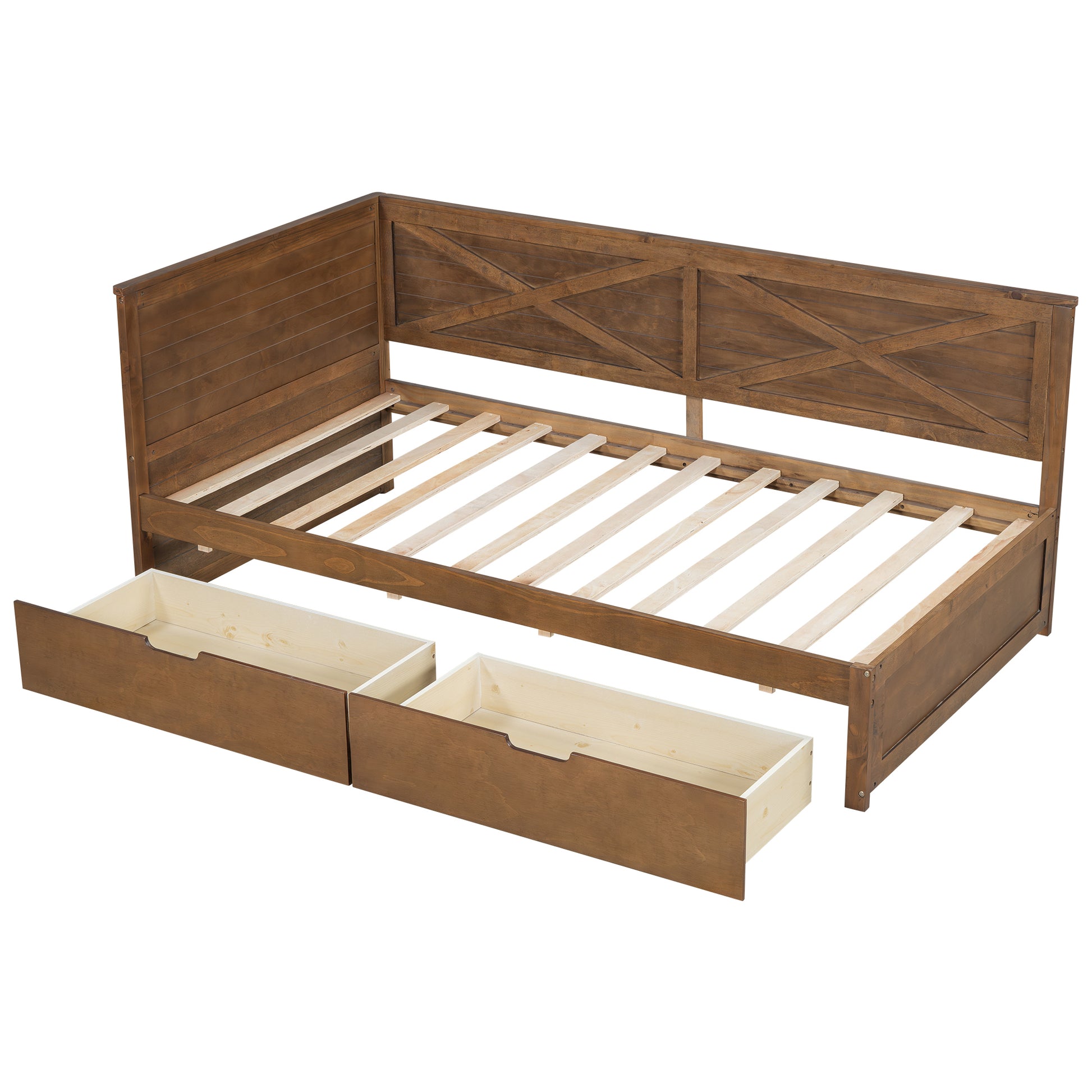 Twin Size Wood Daybed With 2 Drawers And Rustic Guardrail, Ancient Brown Expected Arrival Time: 8.28 Box Spring Not Required Twin Brown Wood Daybeds Solid Wood Mdf