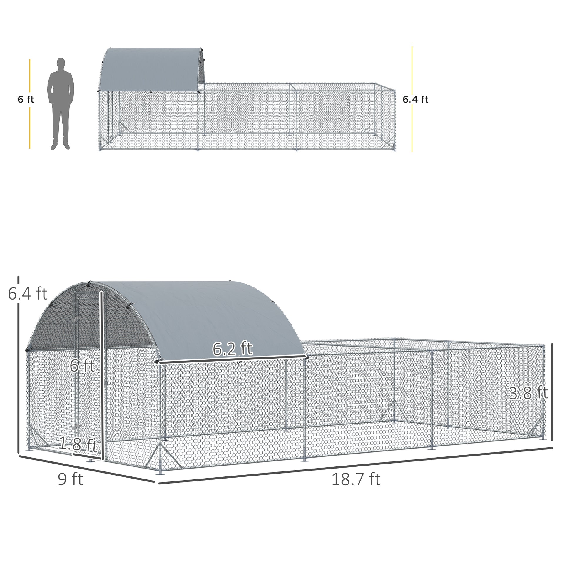 Pawhut Large Chicken Coop Metal Chicken Run For Chickens With Waterproof And Anti Uv Cover, Dome Shaped Walk In Fence Cage Hen House For Outdoor And Yard Farm Use, 1" Dia, 9.2' X 18.7' X 6.4' Silver Steel