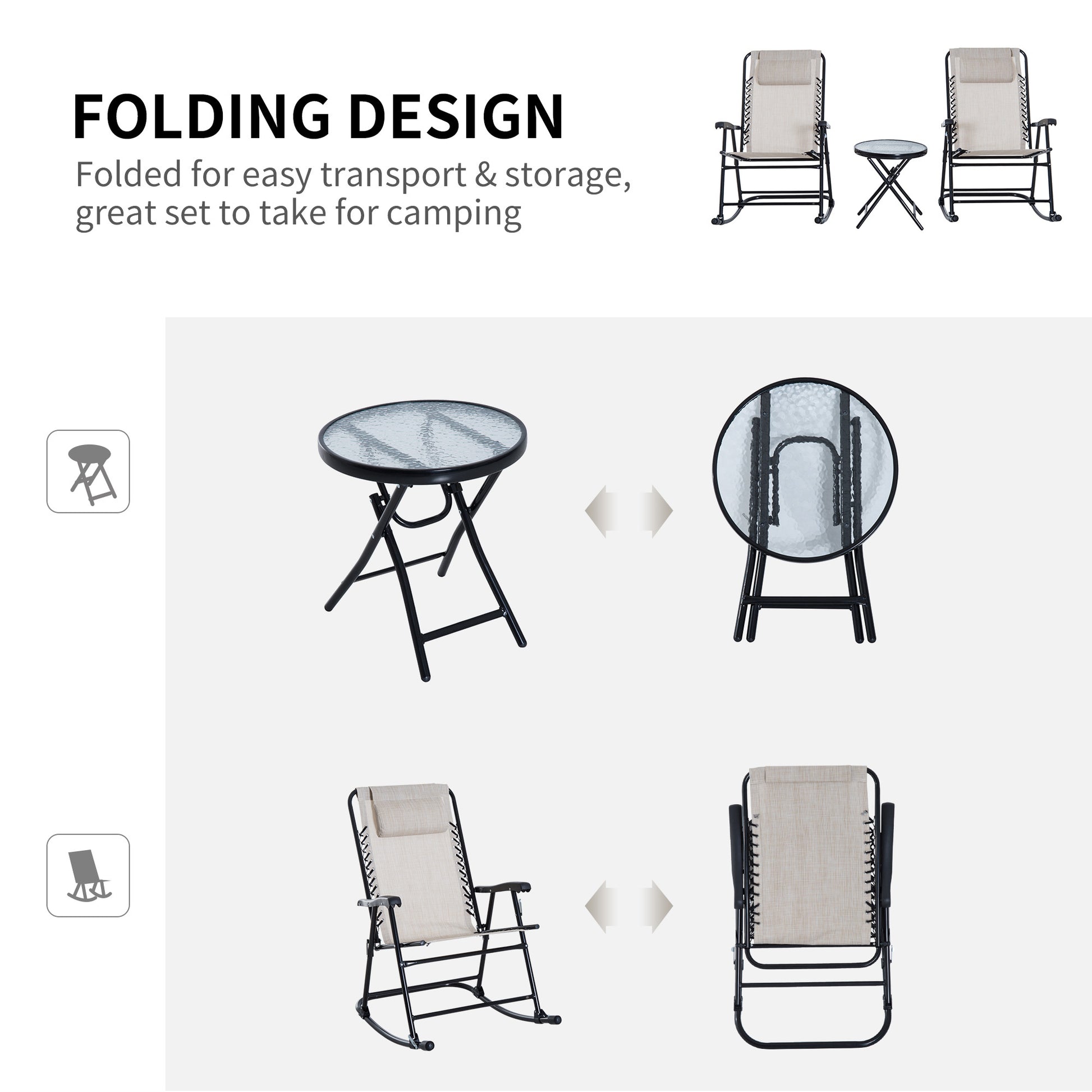 Outsunny 3 Piece Outdoor Rocking Chair Set, Patio Folding Lawn Rocker Set With Glass Coffee Table, Headrests For Yard, Patio, Deck, Backyard, Cream White Cream White Fabric
