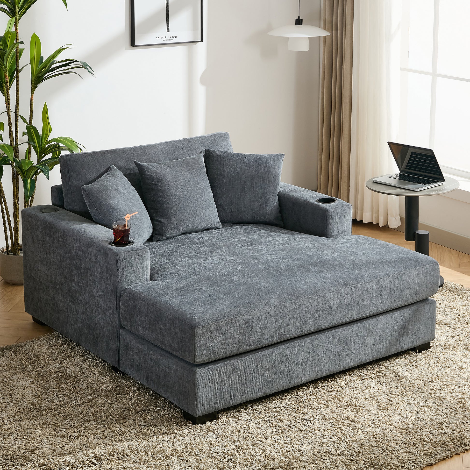 55" Oversized Chaise Lounger Modern Style Sofa Couch ,With Pillows, Charge Station & Cup Holders, Chenille Fabric, Blue Gray Blue Gray Chenille