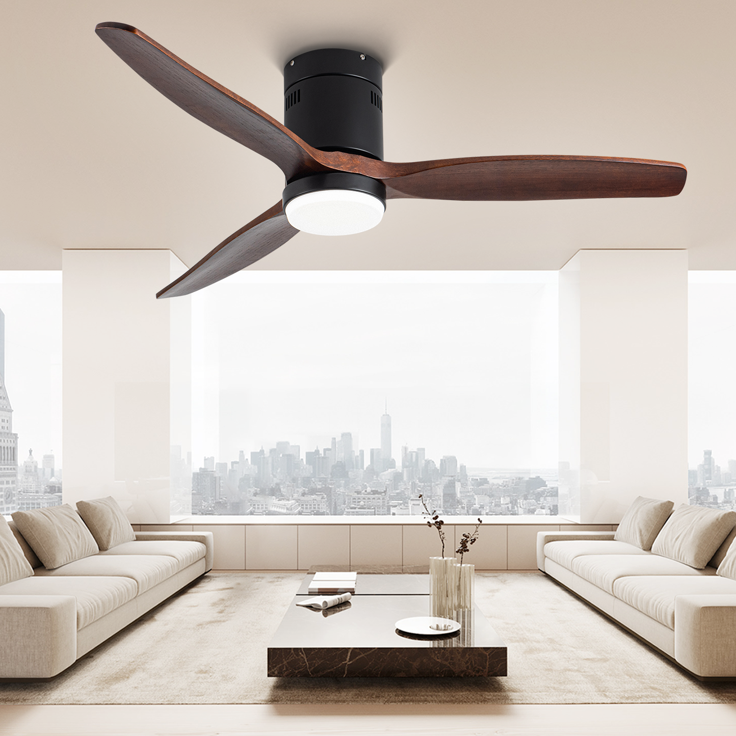 Ceiling Fan With Light, 52 Inch Flush Mount Ceiling Fan, Reversible Blades, 3Cct Low Profile Ceiling Fan With Remote For Bedroom Living Room Walnut Modern Wood