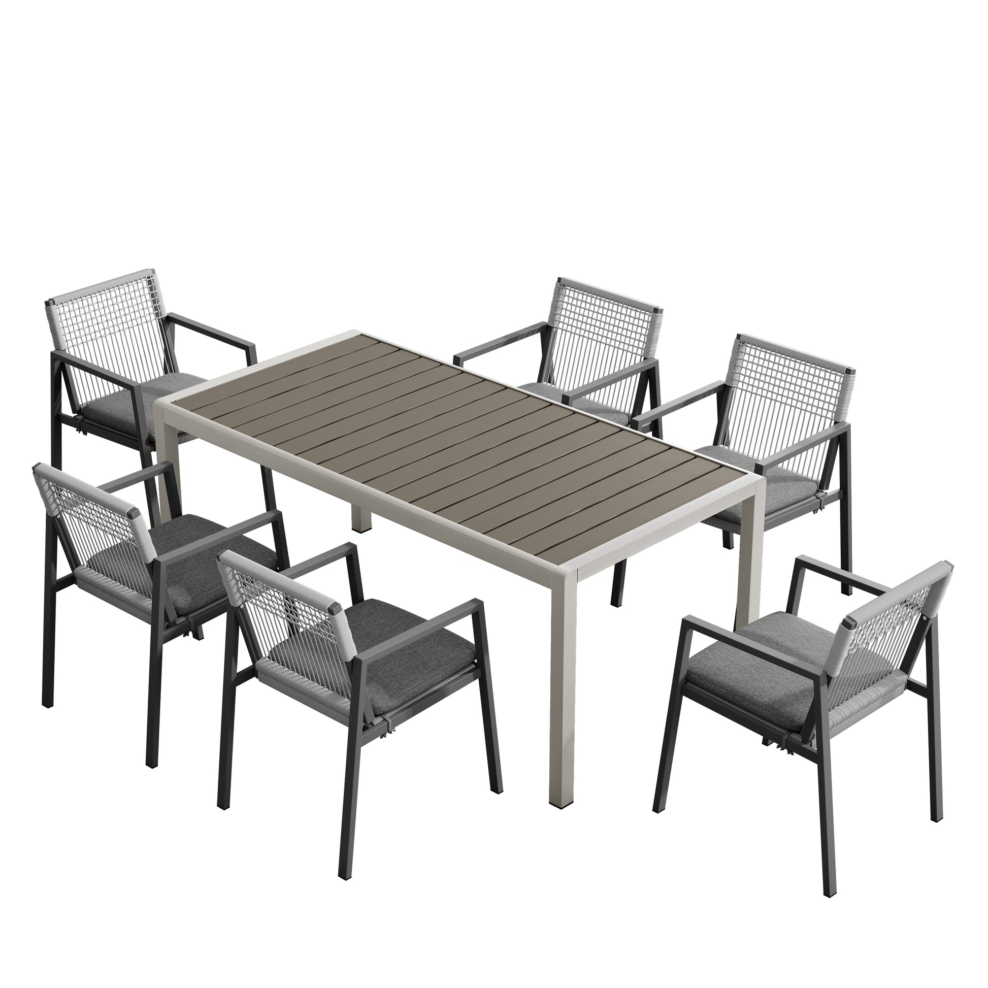 Outdoor Dining Set, Aluminum Dining Chair Set Of 6 With Rope Aluminum Dining Table With Faux Wood Top, Gray Black Black Grey Aluminium