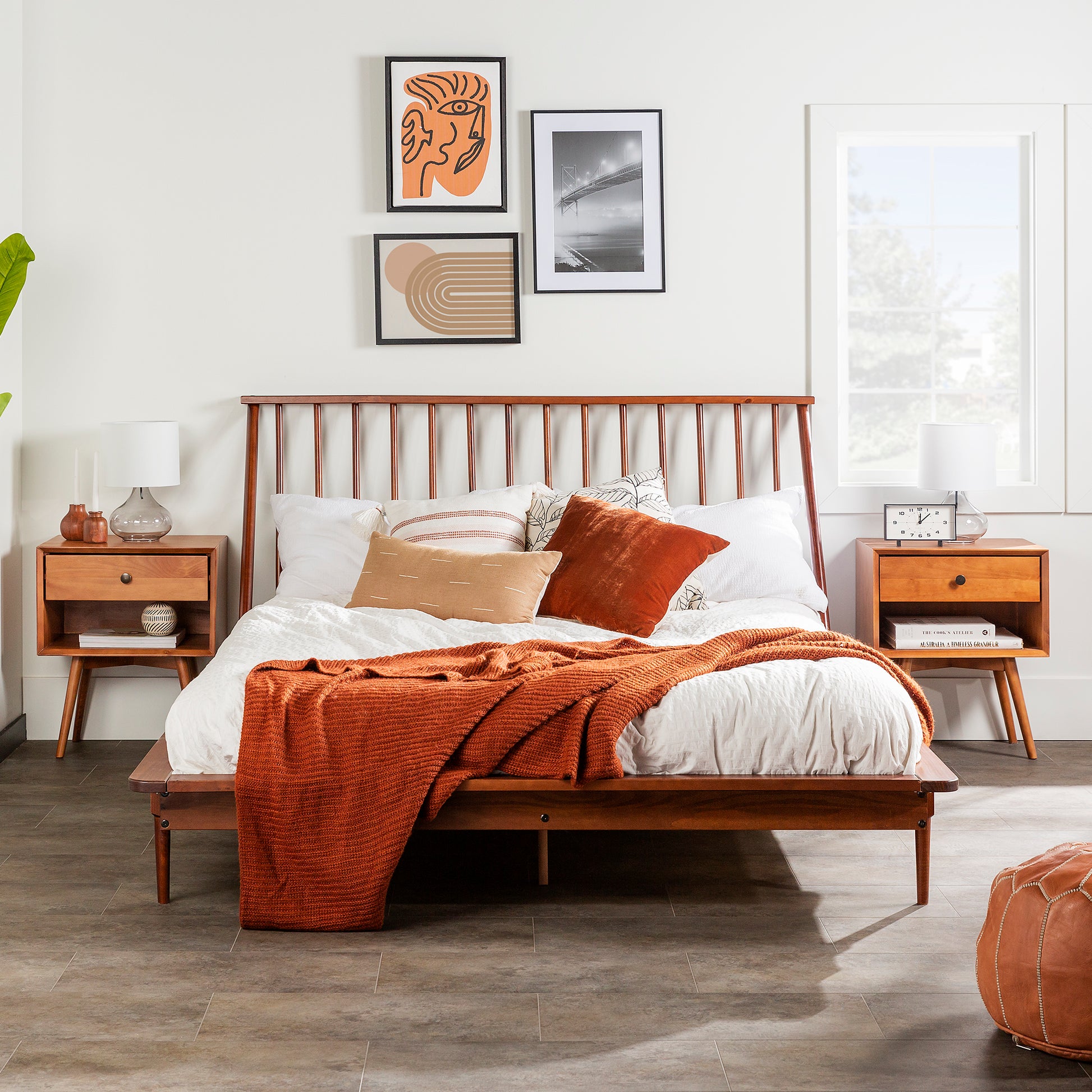 Mid Century Modern Solid Wood Queen Platform Bed Frame With Spindle Headboard Walnut Walnut Pine