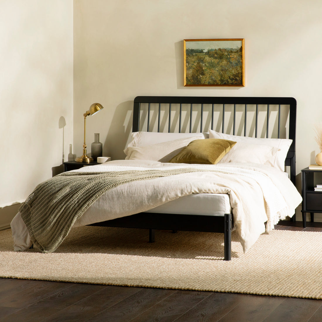 Mid Century Modern Solid Wood Queen Spindle Bed Black Queen Black Pine Pine