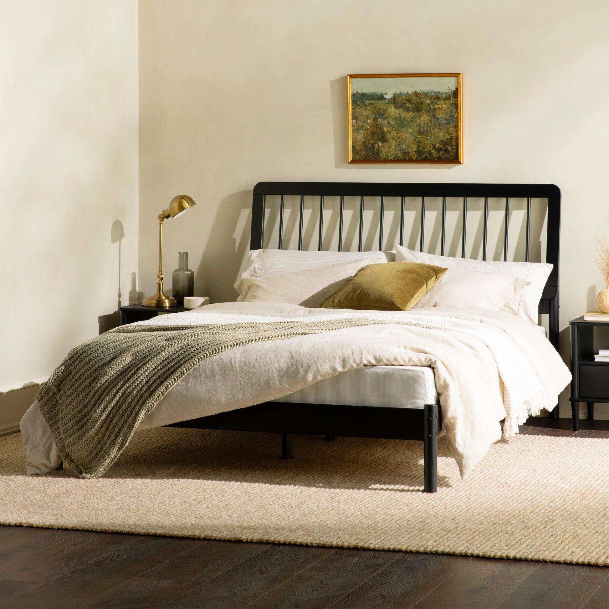 Mid Century Modern Solid Wood Queen Spindle Bed Black Queen Black Pine Pine