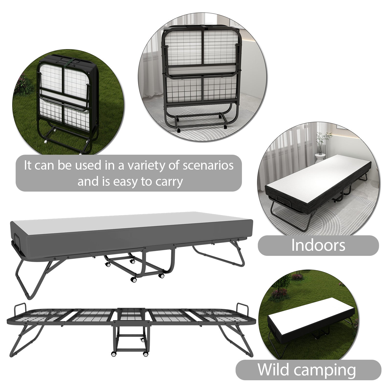 Deluxe Diplomat Folding Bed Twin Size With Luxurious Memory Foam Mattress And A Super Strong Sturdy Frame White Black Metal