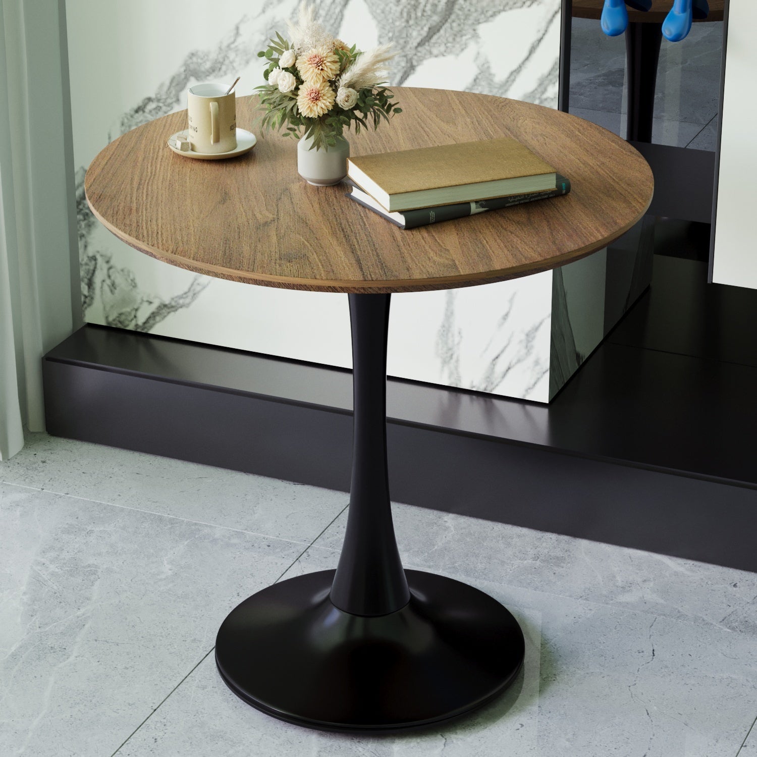 Walnut Color Round Dining Table, 31.5" Tulip Table Kitchen Dining Table 2 4 People With Mdf Table Top & Pedestal Base, Mid Century End Table Leisure Coffee Table Office Living Room Table Walnut Black Mdf