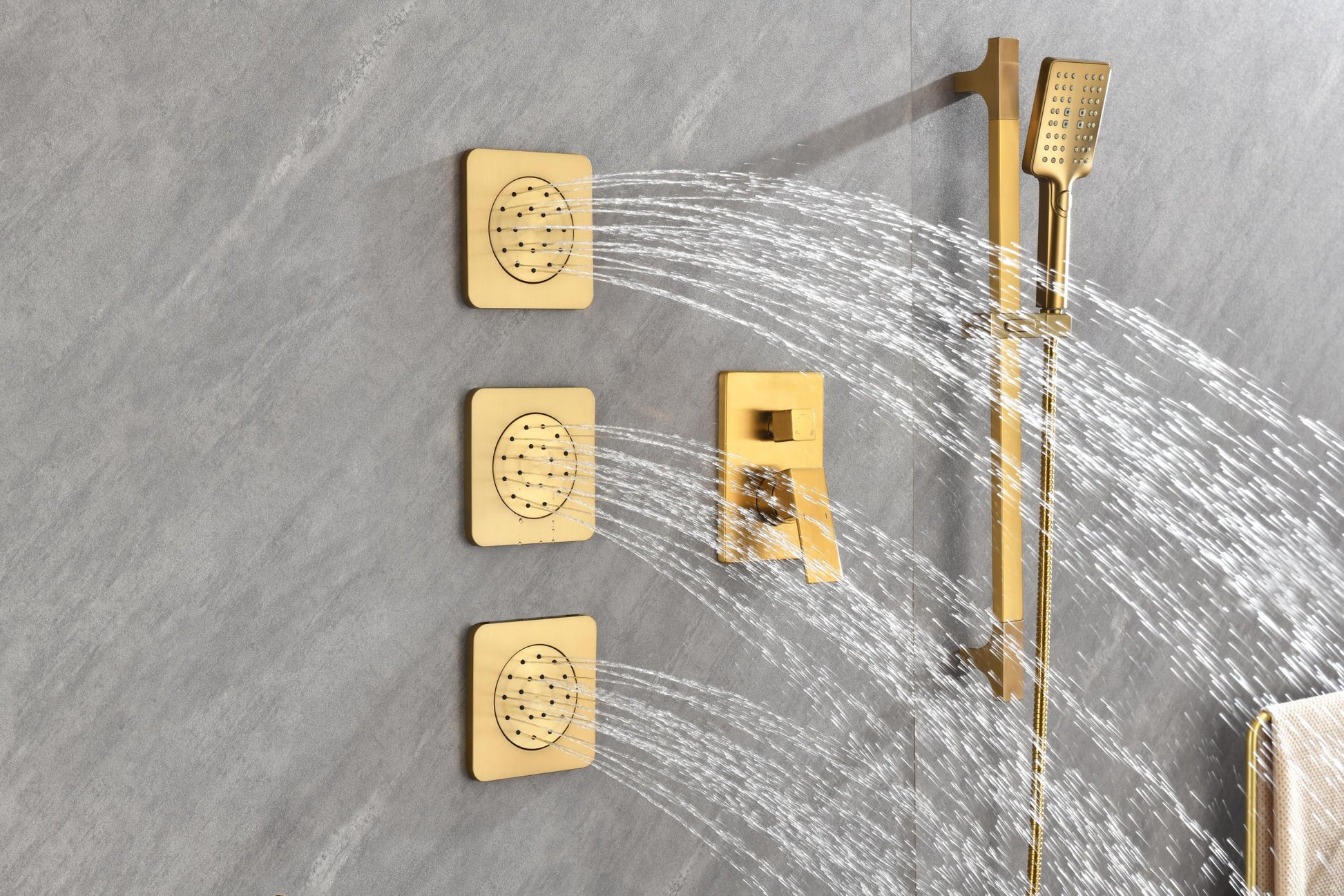 Wall Mounted Shower System In Brushed Gold With Shower Head, Handheld Shower, 3 Body Jets Brushed Gold Modern Brass Brass