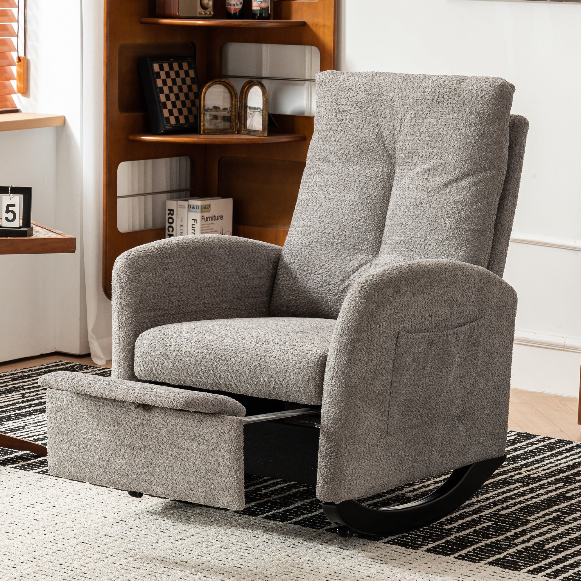 Accent Rocking Chair With Footrest High Back Rubber Wood Rocking Legs Bedroom Living Space Gray Wood