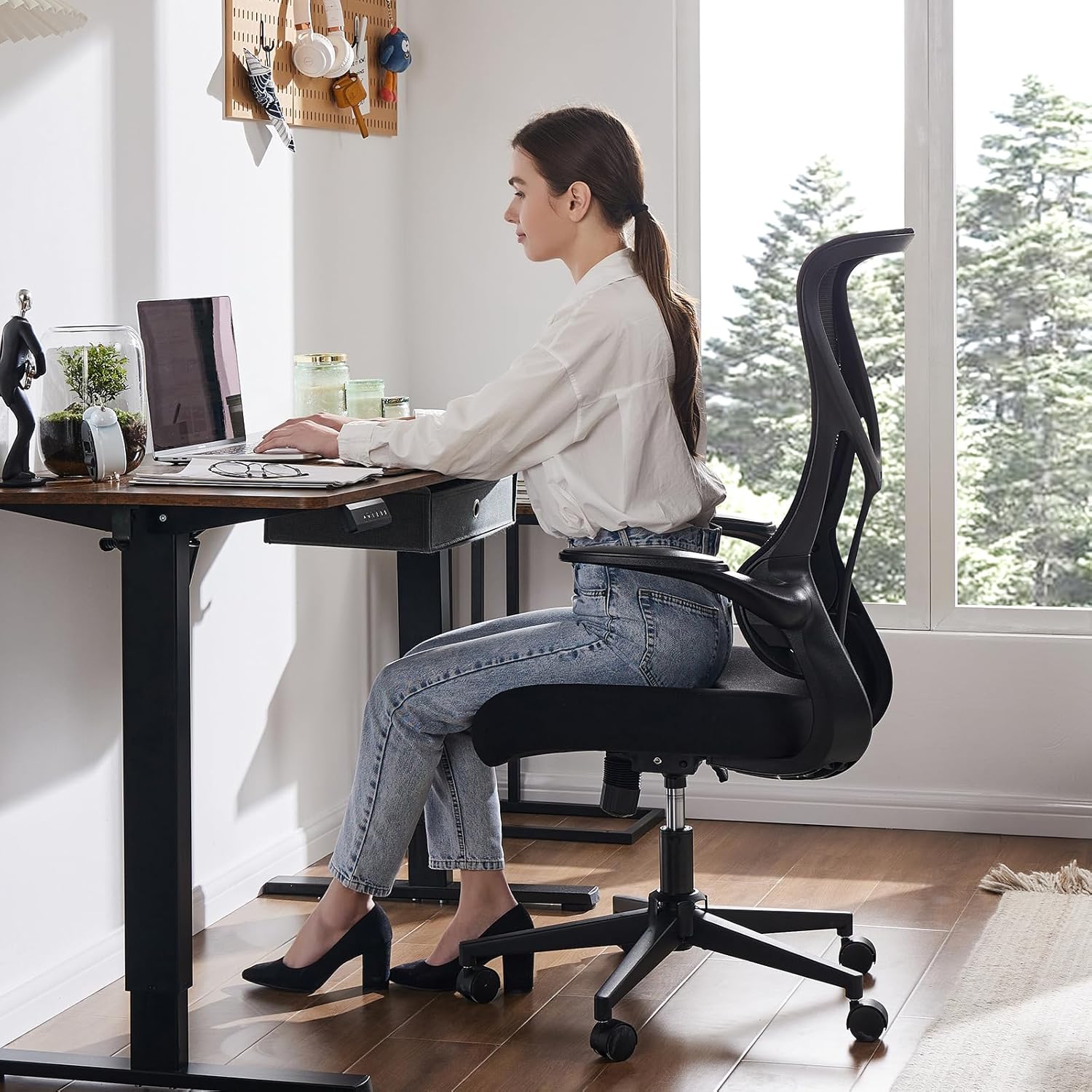 Ergonomic Computer Mesh Chair With Flip Up Armrests,Lumbar Support, Backrest For Home Office, Black Black Metal