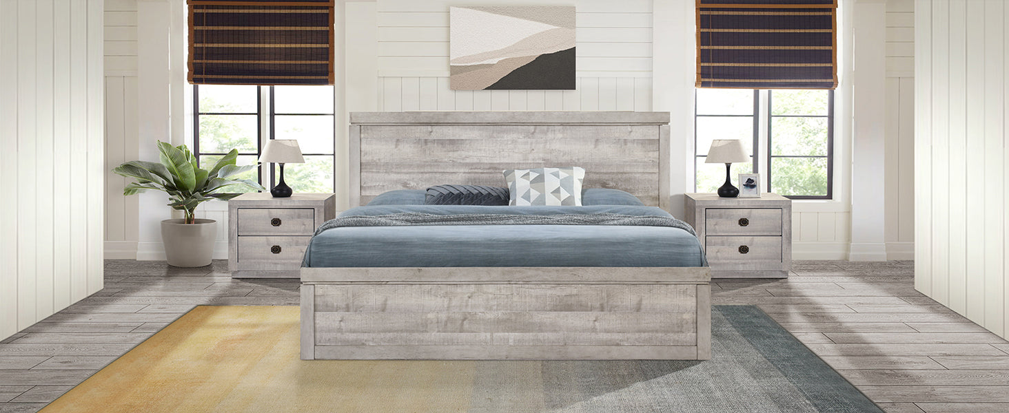 3 Pieces Vintage Farmhouse Style King Size Platform Bed With 10 Wooden Slats Support 2 Nightstands, No Box Spring Needed, Rustic White Box Spring Not Required King Rustic White Wood 3 Piece Set Bedroom Traditional Plywood