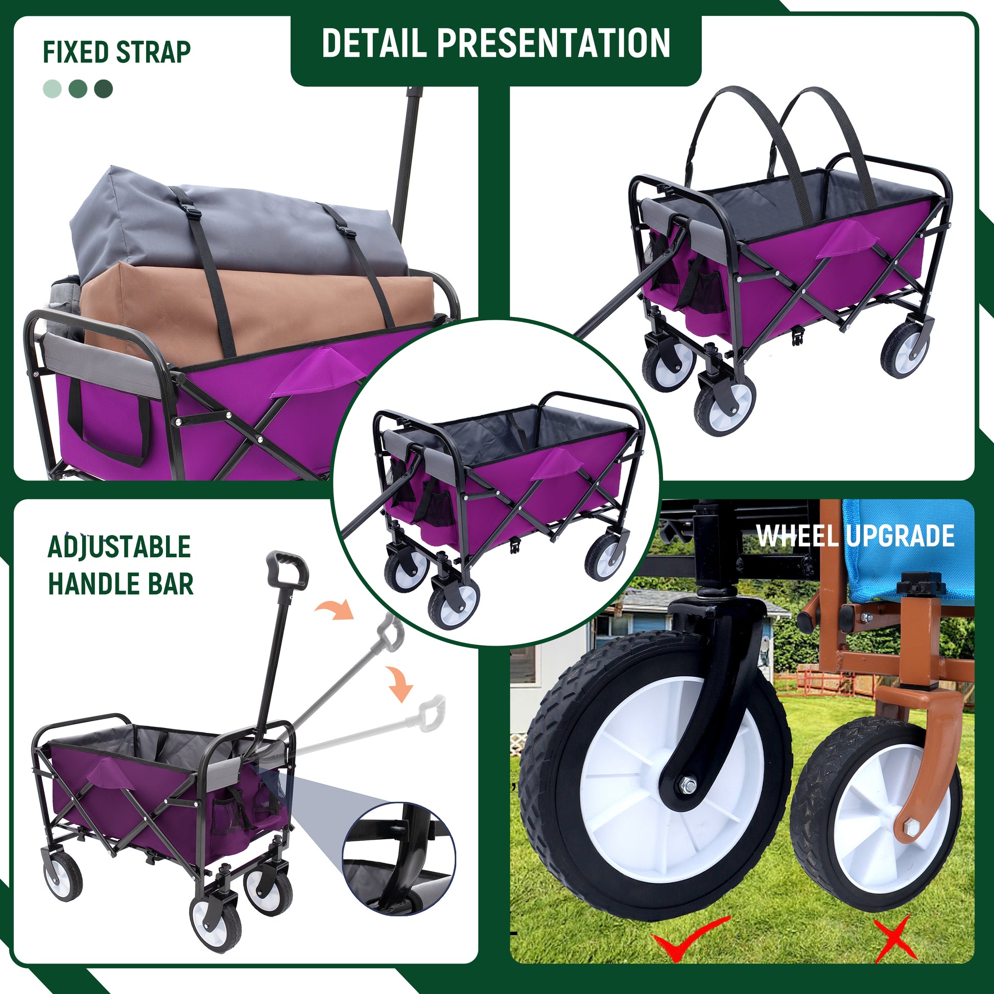 Minimeetall Strapcollapsible Foldable Wagon Cart With Strapping System Beach Wagonutility Cartutility Wagon Grocery Cart For Camping Shopping Sports Gardeing Fishing Supports 225Lbs Purple Purple