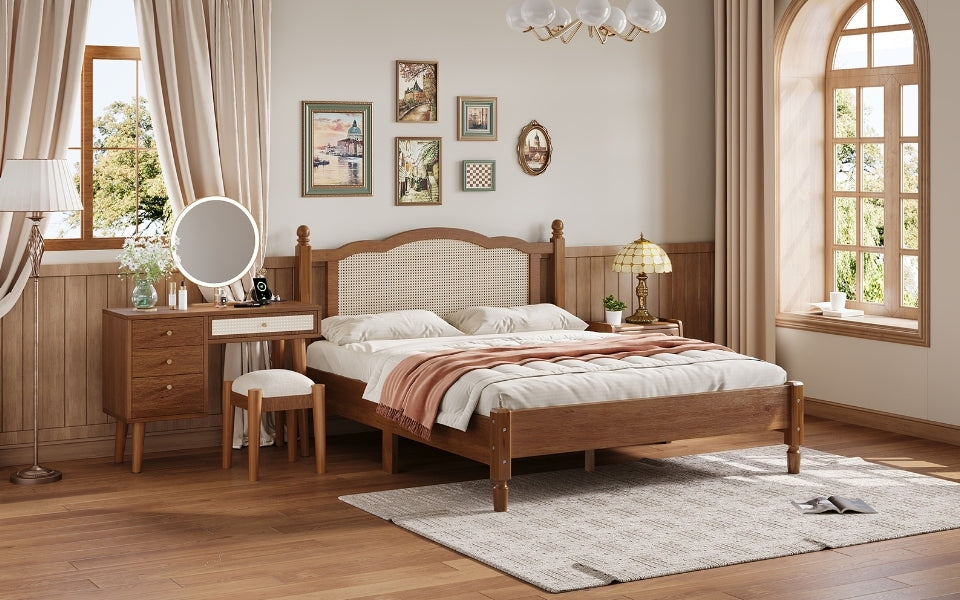 3 Pieces Bedroom Set With Queen Size Wooden Bed Frame, 1 Vintage Nightstand And 1 Makeup Vanity Set With Stool,Walnut Expected Arrival Time: 08.23 Queen Walnut 3 Piece Set Wood
