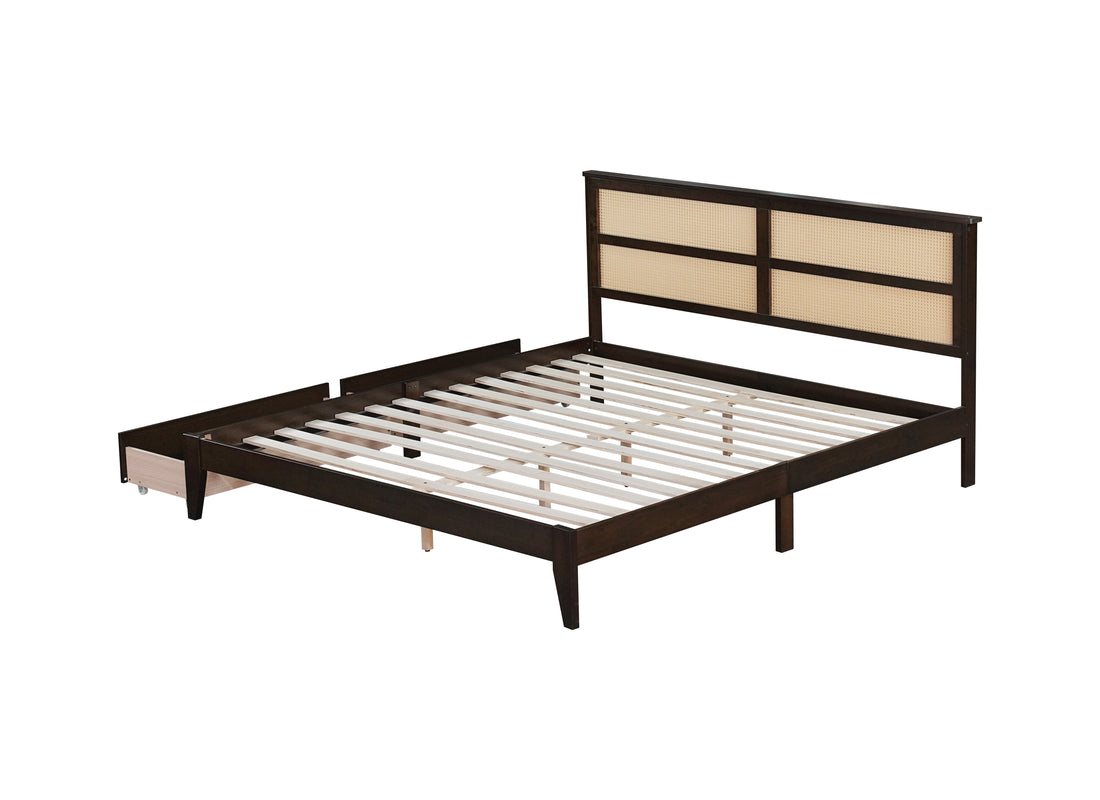 King Size Bed With Rattan Headboard, Two Storage Drawers, Rubber Wood Bed With Enhanced Support Salts And Feet,Espresso King Espresso Rubber Wood