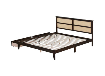 King Size Bed With Rattan Headboard, Two Storage Drawers, Rubber Wood Bed With Enhanced Support Salts And Feet,Espresso King Espresso Rubber Wood