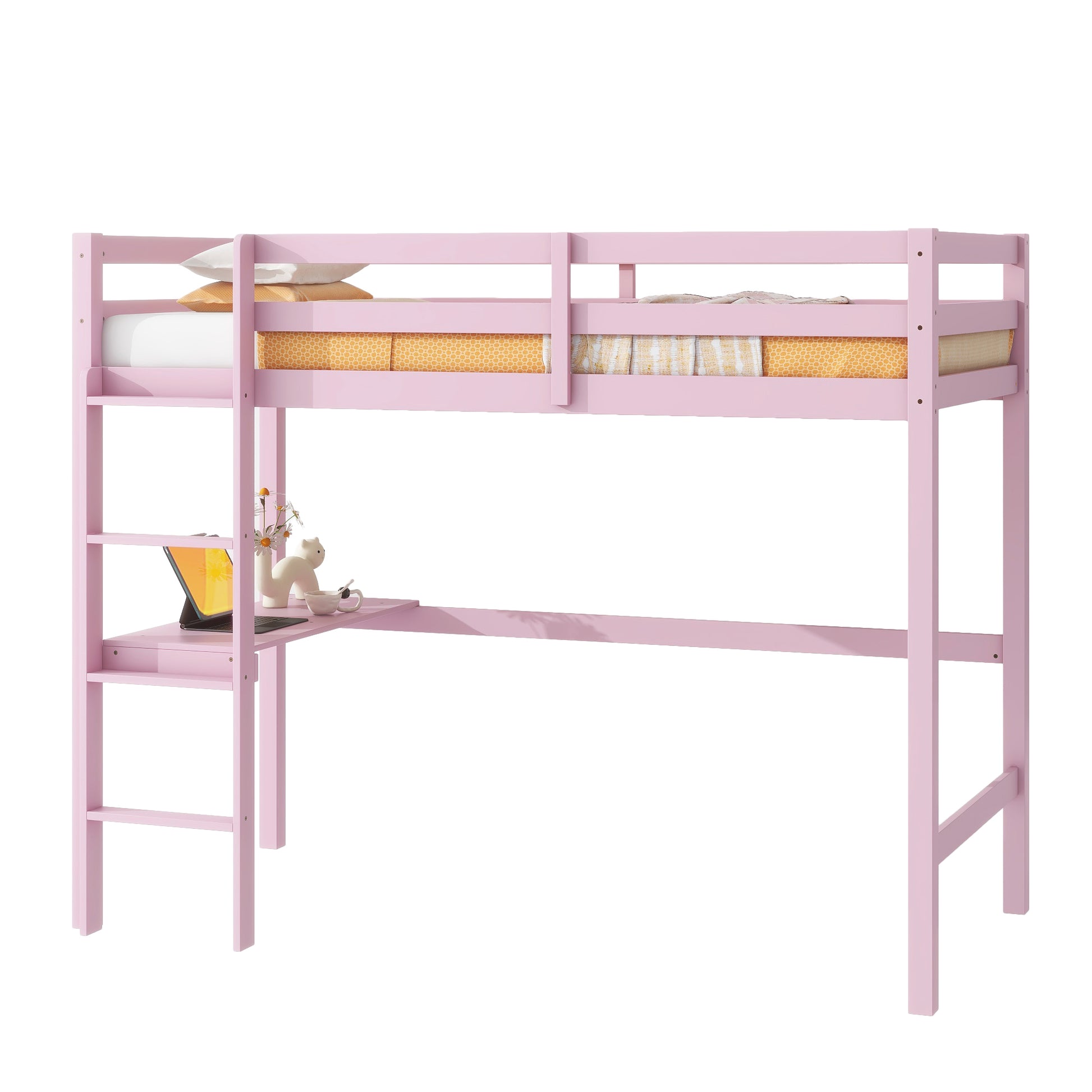 Twin High Loft Bed, Rubber Wood Loft Bed With Safety Guardrail, Built In Desk, Ladder,Pink Twin Pink Abs Rubber Steel Q235 ,Rubber Wood