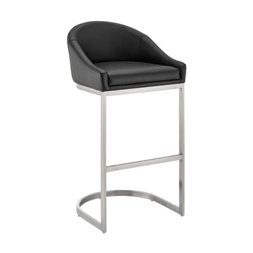 Lina 28 Inch Bar Stool Chair, Metal Cantilever Base, Black Faux Leather Black And Silver Fabric Metal