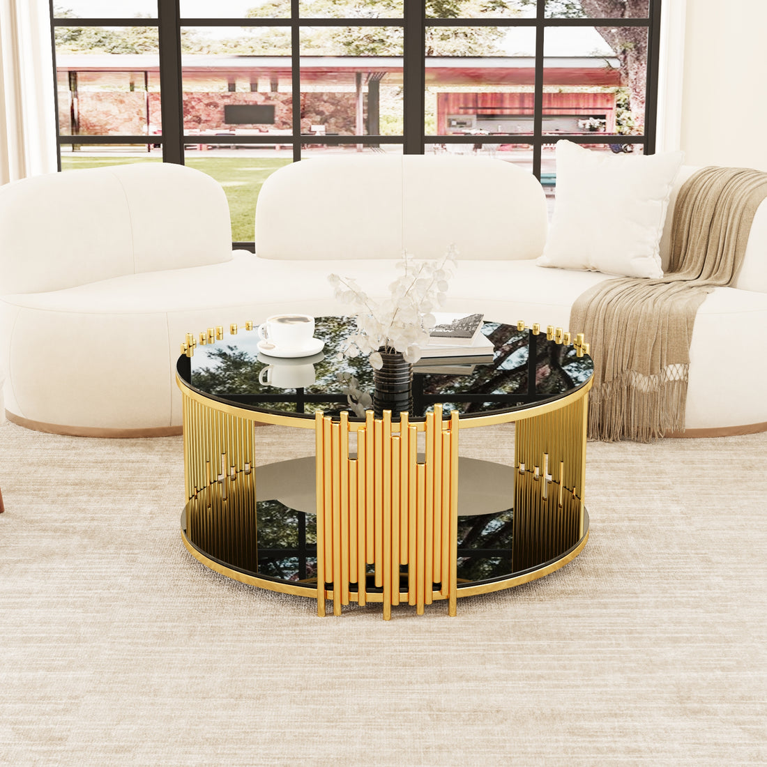 Modern Minimalist Light Luxury Style Stainless Steel Circular Coffee Table, Black Tempered Glass Countertop, Living Room Coffee Table Black Glass,Stainless Steel