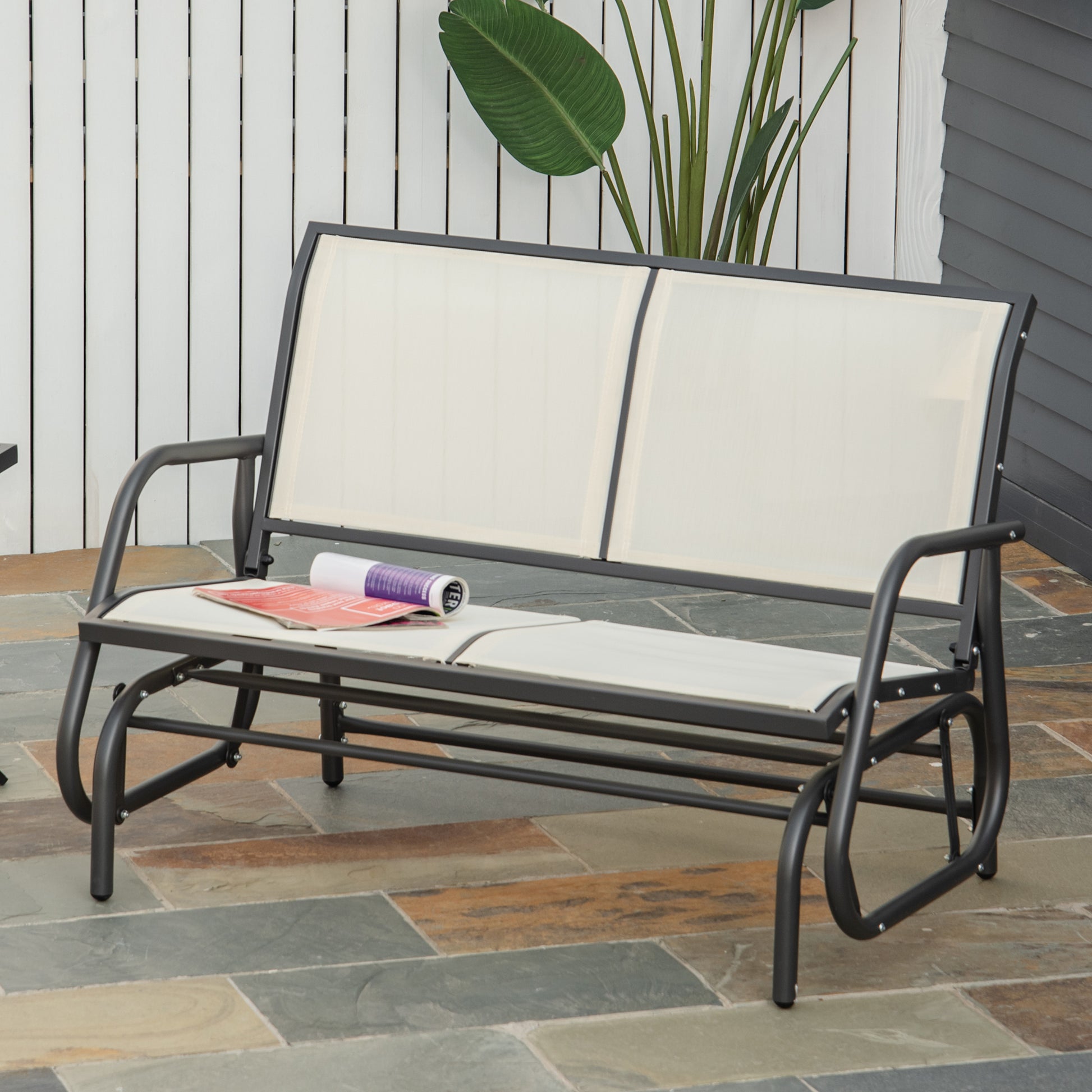 Outsunny 2 Person Outdoor Glider Bench, Patio Double Swing Rocking Chair Loveseat W Powder Coated Steel Frame For Backyard Garden Porch, Beige Beige Steel