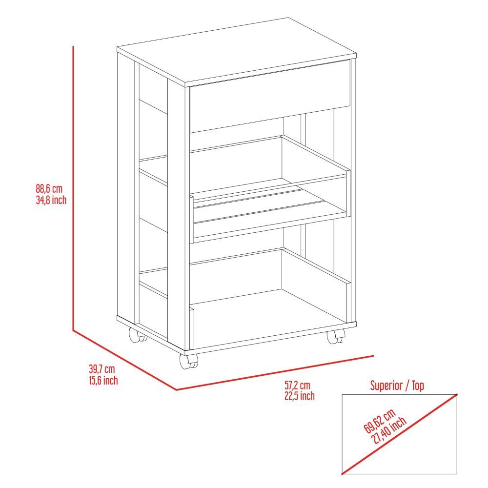 Modern Kitchen Cart 35" H, Four Casters, Three Shelves, White Dark Walnut Multicolor Particle Board Particle Board