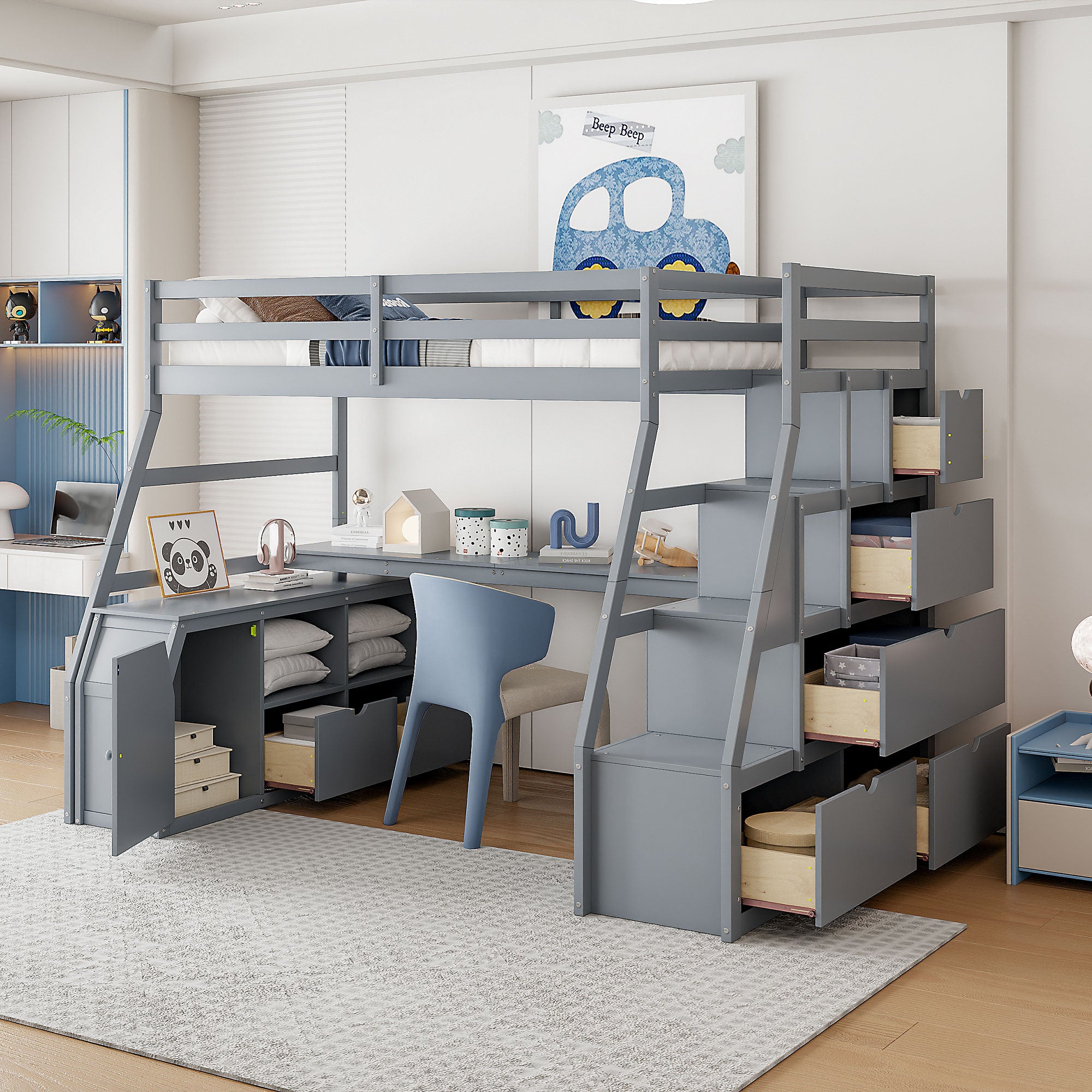 Full Size Loft Bed With 7 Drawers 2 Shelves And Desk Gray Full Gray Plywood