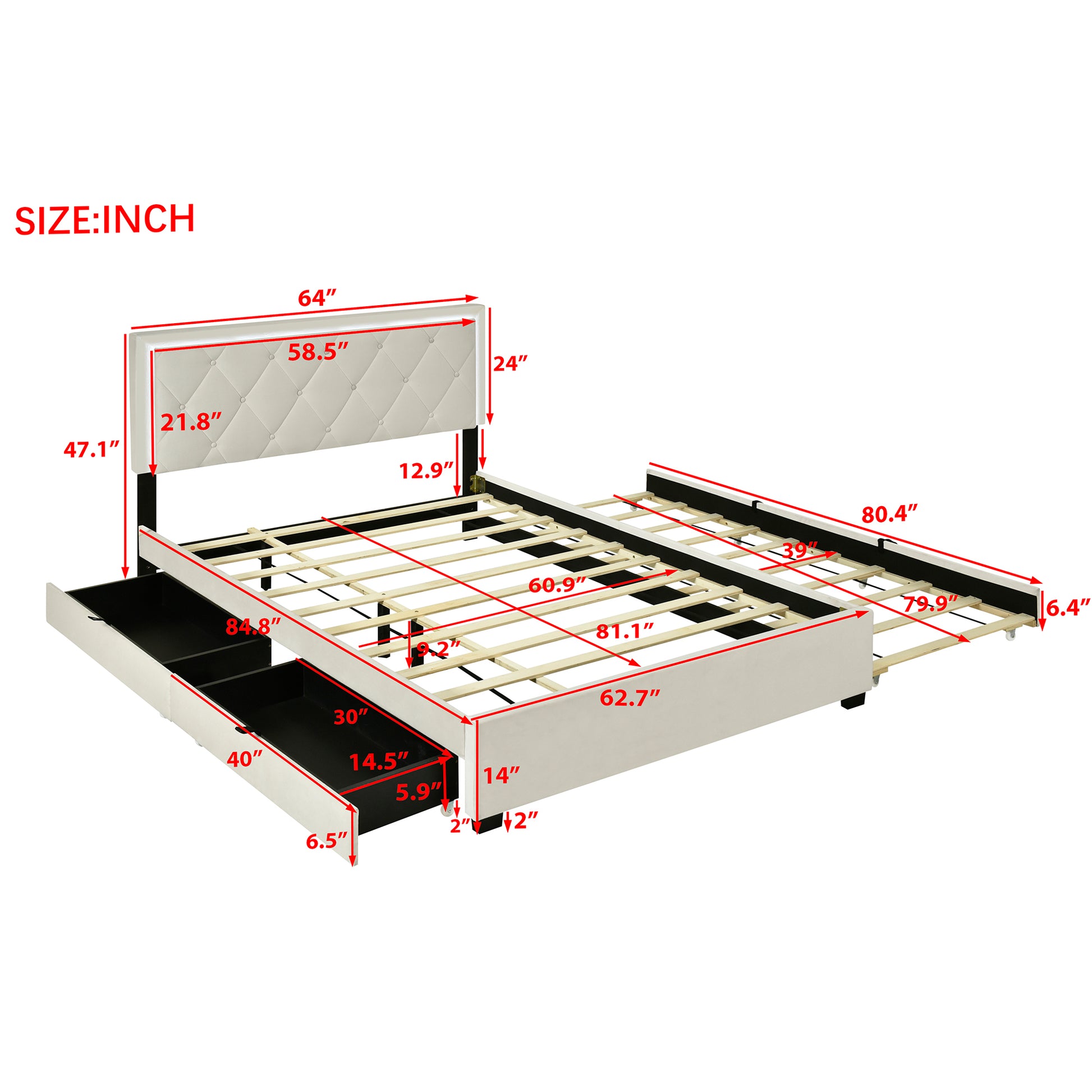 Queen Size Velvet Storage Platform Bed, With 2 Big Drawers, Twin Xl Size Trundle And Led Light, Beige Beige Velvet