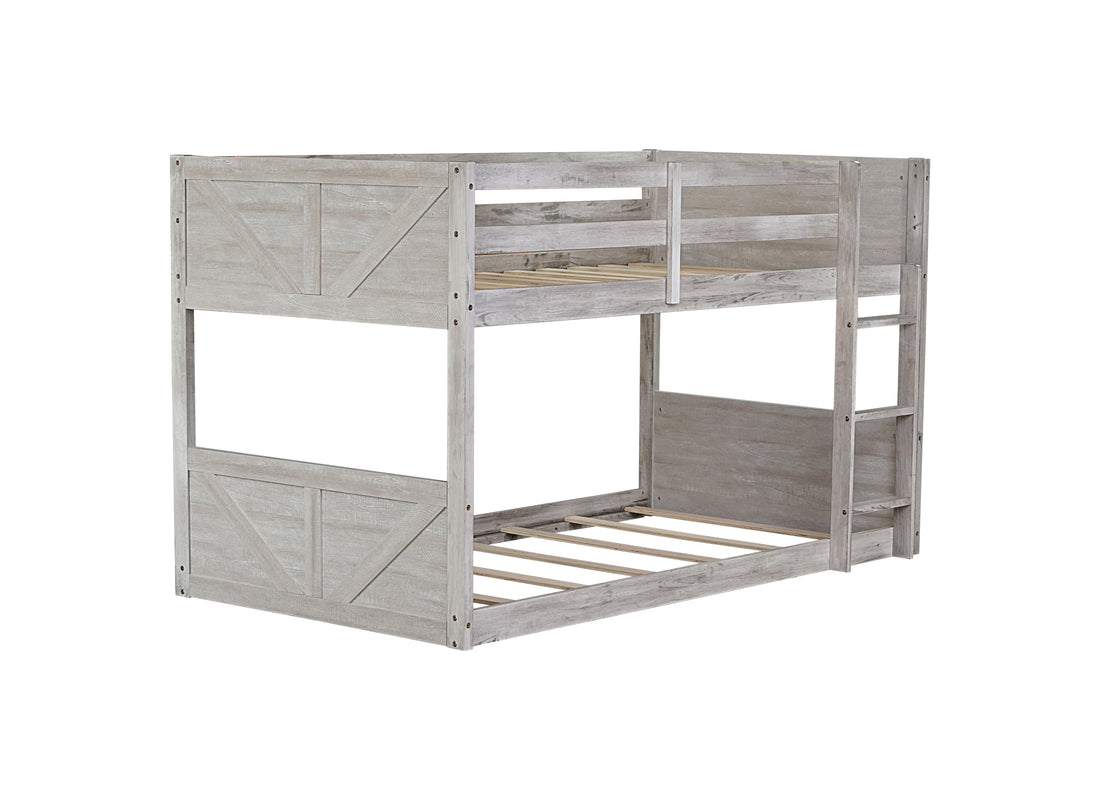Twin Over Twin Floor Bunk Bed With Panelled Headboard And Footboard, Solid Rubber Wood Foundation With Safety Guardrails, Built In Ladder,Antique White Twin Antique White Rubber Wood